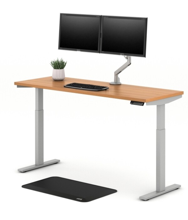 E series height adjustable table with dual monitor arm for shallow depth worksurfaces md