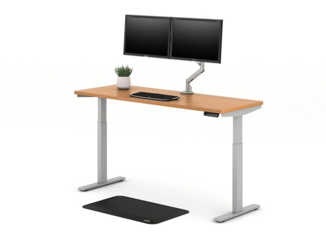 E series height adjustable table with dual monitor arm for shallow depth worksurfaces md