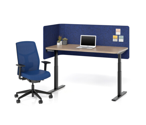 Height adjustable table with radius corner and radius corner pet l wrap screen shown with chelsea in 3d knit navy md