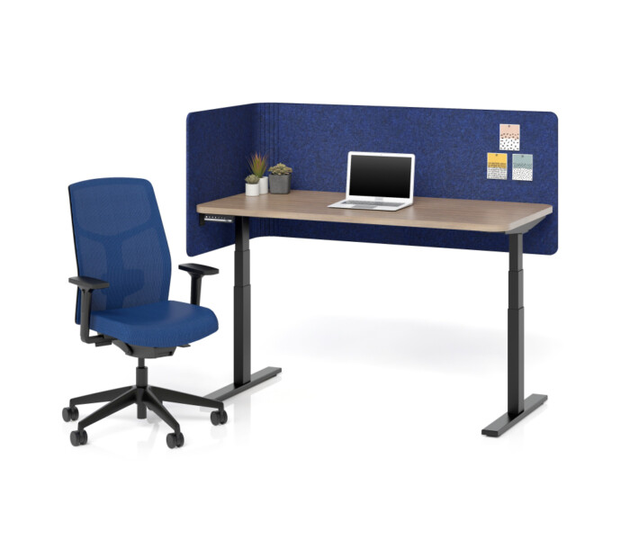 Height adjustable table with radius corner and radius corner pet l wrap screen shown with chelsea in 3d knit navy md